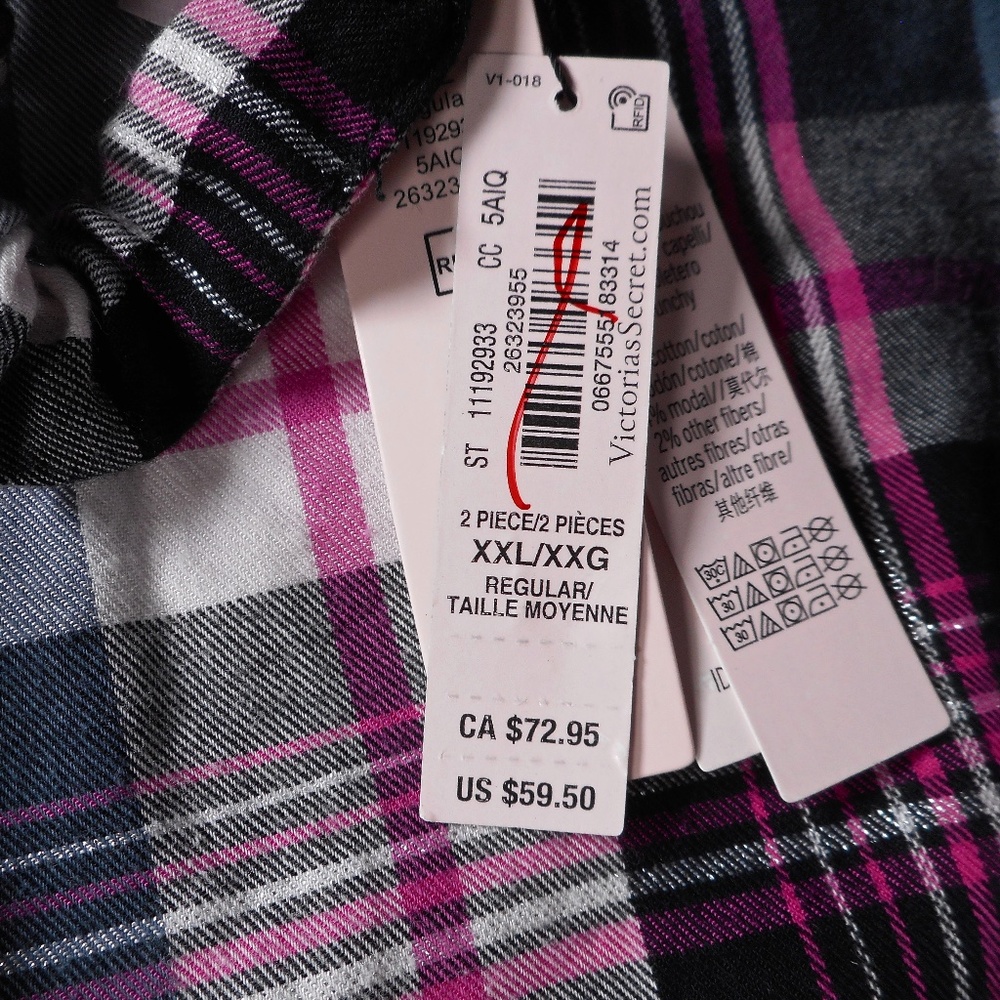 NWT Victoria Secret Flannel Pajama Set XXL 3pc Lounge Black Gray Hot Pink Plaid - Picture 7 of 15